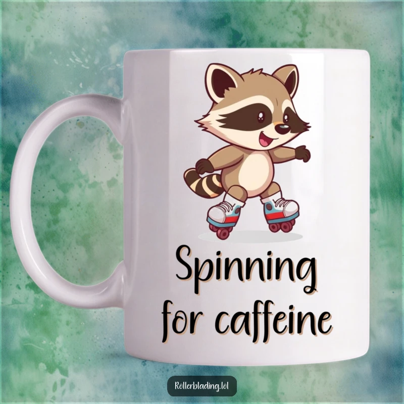 Funny mug featuring a mischievous raccoon spinning gleefully on roller skates with a playful grin. Great for skaters.