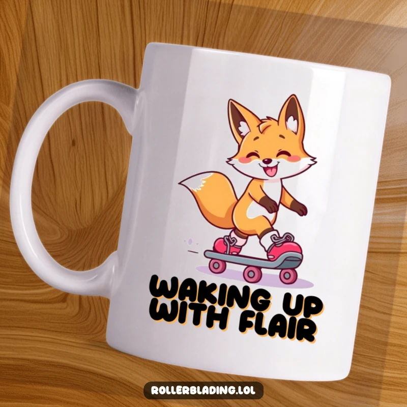 Funny Fox Mug: A smiling fox executes a dramatic slide on roller skates, one leg extended, showcasing smooth and humorous style.