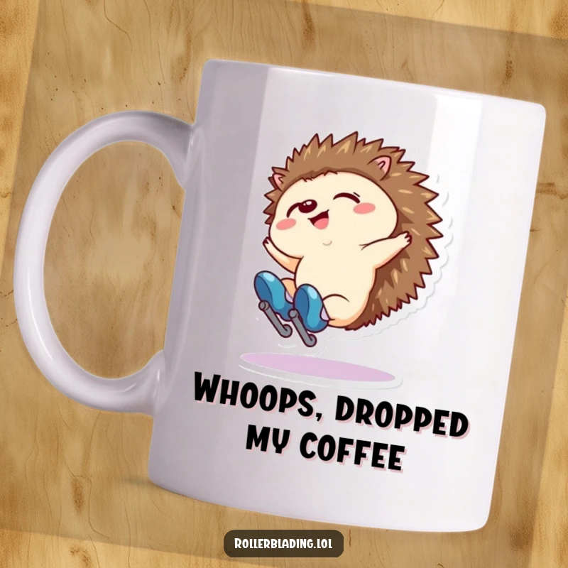 Funny mug featuring a tiny hedgehog comically falling backwards on roller skates. Great for clumsy people.