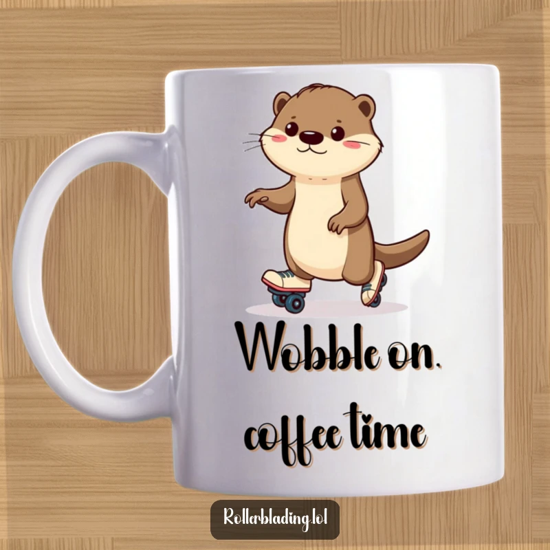 Funny otter mug showing a determined otter wobbling slightly while on roller skates, highlighting effort and humor.