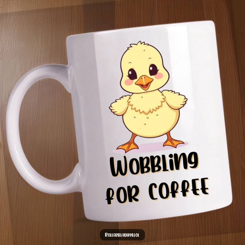 Funny mug featuring a wobbly duckling attempting to walk forward unsteadily, embodying cute and humorous perseverance.