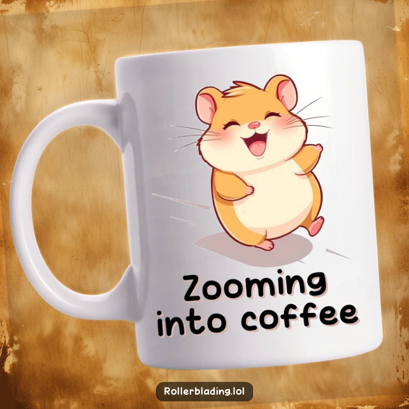 Funny giggling hamster mug, a happy hamster speeding downhill with its fur blowing in the wind.