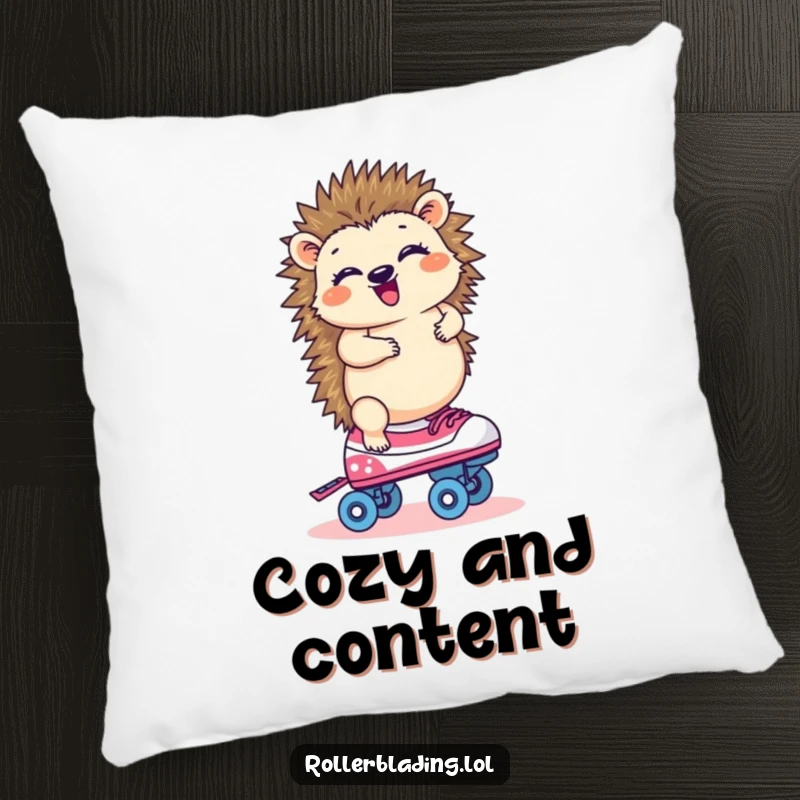Funny hedgehog giggling on one roller skate, a soft and comfortable pillow for relaxation.