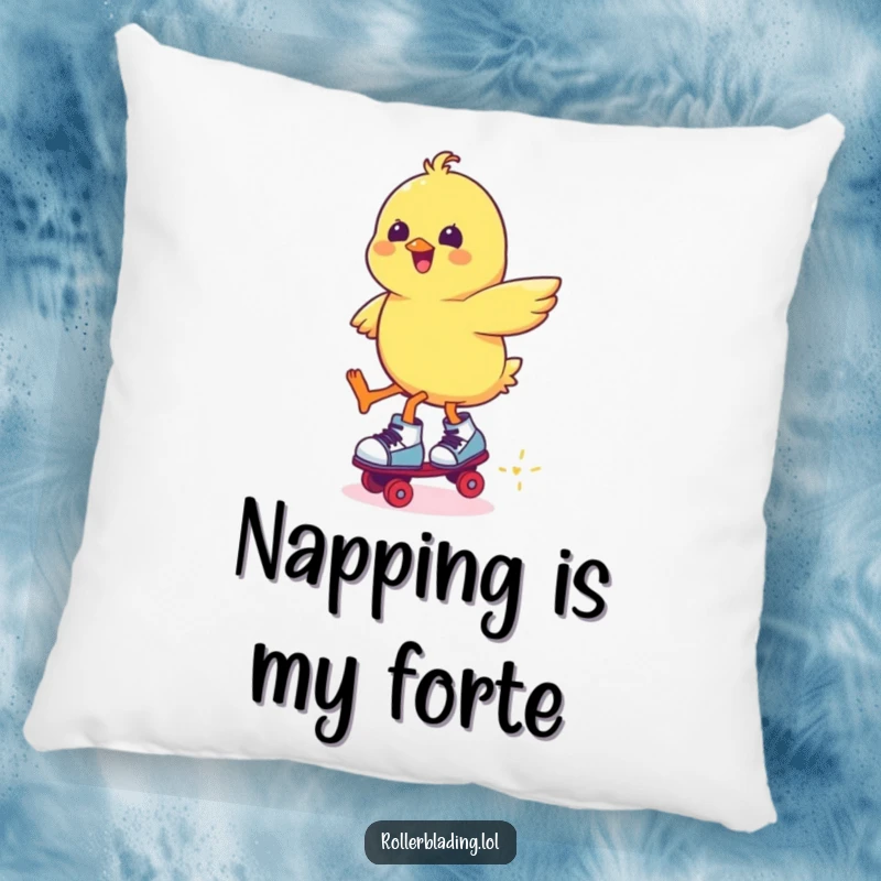 Funny chick on roller skates, mid-jump, with a delighted expression, bringing comfort and humor to any room.