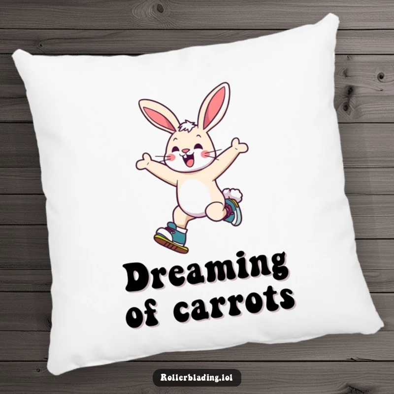Funny bunny pillow showcasing a cheerful bunny mid-jump on roller skates, bringing comfort and a smile to any room.