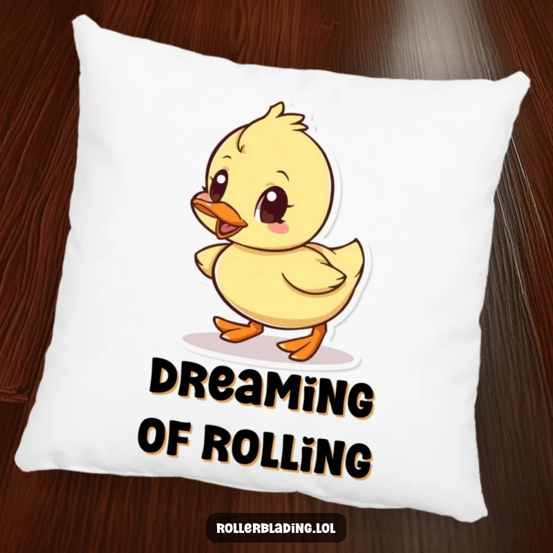 Funny pillow with a cute little duck rolling enthusiastically, eyes set on its goal, a symbol of cute determination.