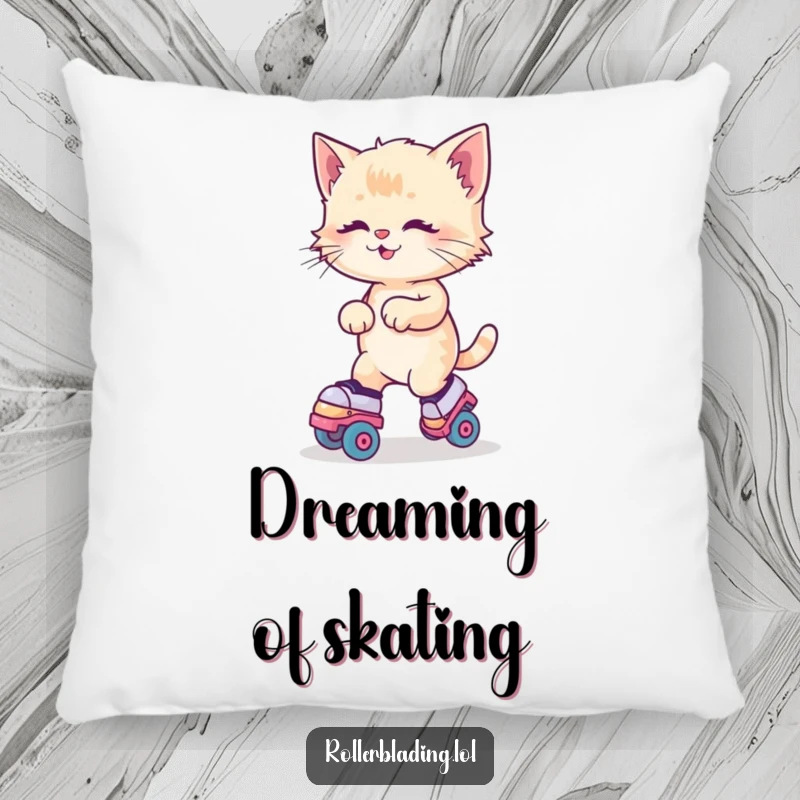 Funny Kitten Roller Skates Pillow with a kitten joyfully wobbling on roller skates, offering comfort and humorous vibes.