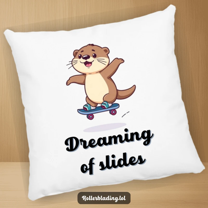 Funny Rollerblading Otter Pillow: A playful otter rollerblades and jumps, bringing soft comfort and humorous delight.