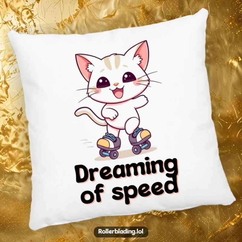 Funny pillow with a happy cat on roller skates, ears dramatically windblown as it zooms along, bringing comfort and playful energy.