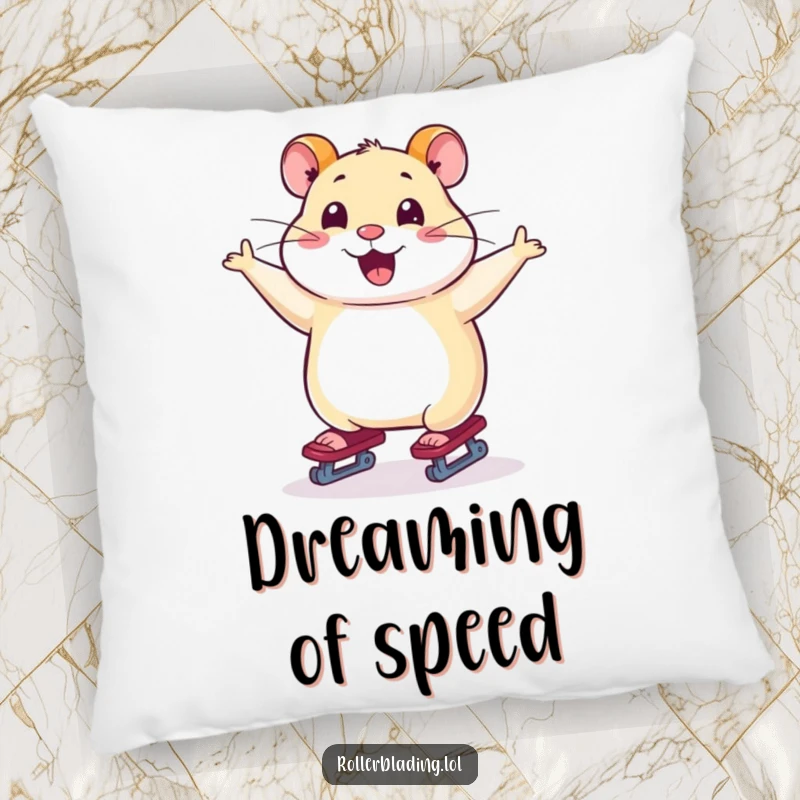 Funny pillow with a smiling hamster gracefully skating with arms wide, providing comfort and a touch of whimsy.
