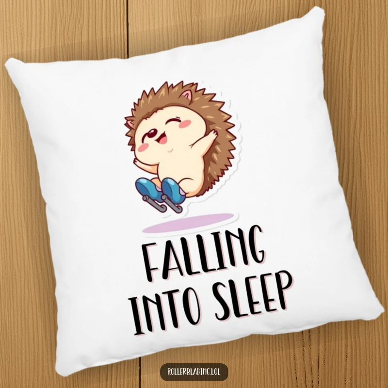 Funny pillow with a tiny hedgehog character comically falling on roller skates. Soft and humorous decor.