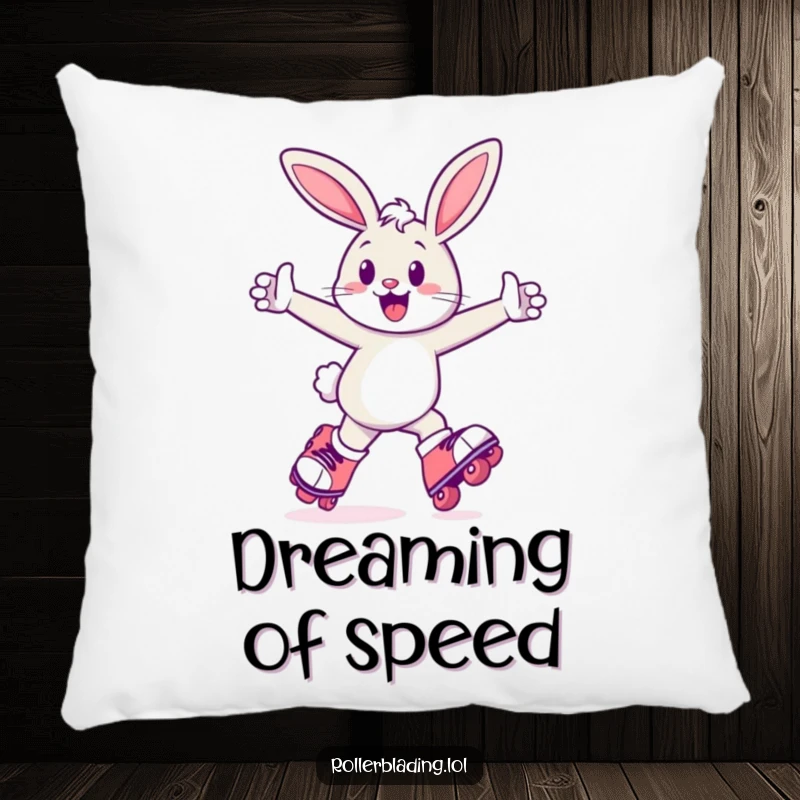 Funny Bunny Pillow: A cheerful bunny skates with full energy on roller skates, arms pumping, bringing comfort and humor to any room.