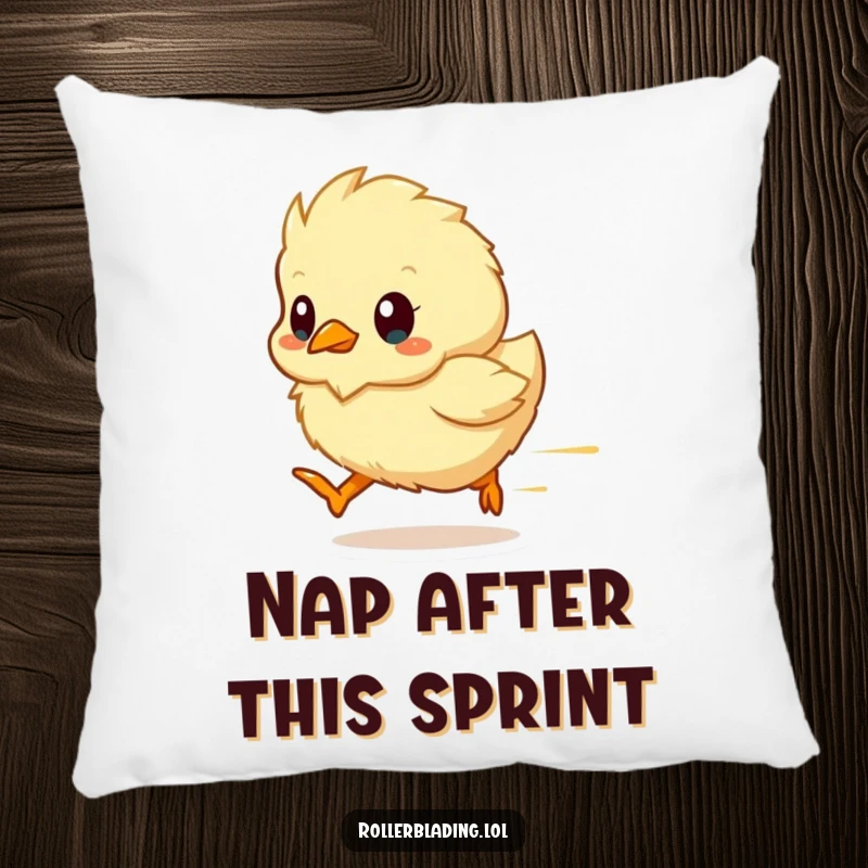 Funny chick pillow featuring a fluffy chick in motion, representing speed and softness, adding charm to any room.