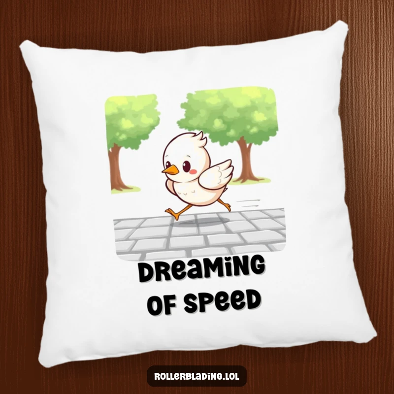Funny pillow with a determined bird racing along a paved path, offering plush comfort and a dose of humorous speed and focus.