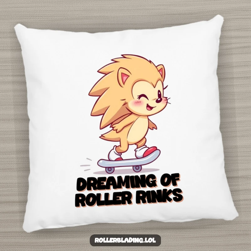 Funny hedgehog skater pillow with a happy hedgehog skating backward, soft and humorous accent cushion.