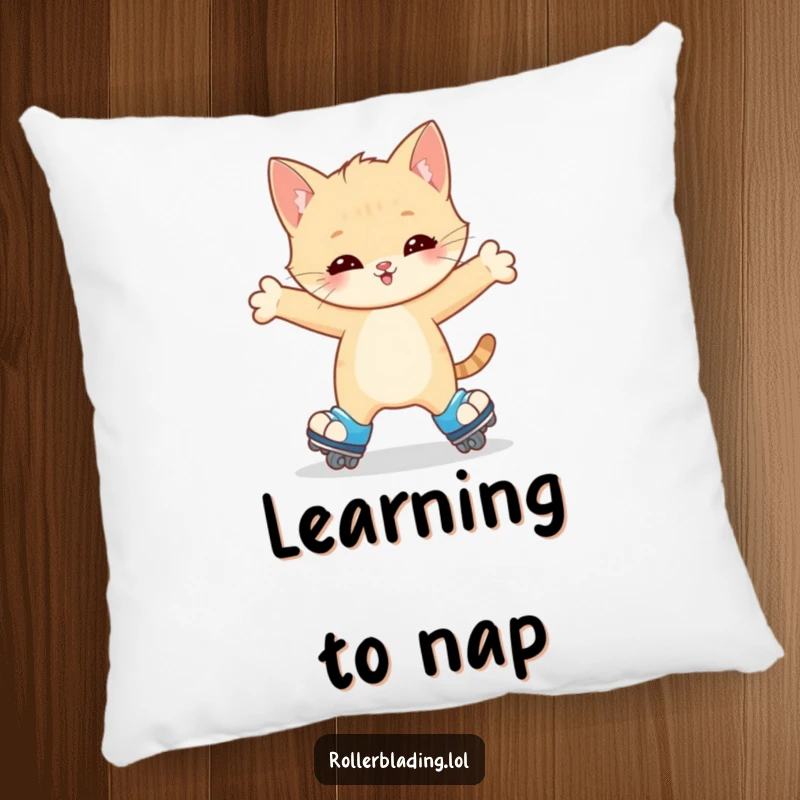 Funny Kitten Pillow: A happy kitten wobbles on roller skates, arms outstretched for balance, bringing soft comfort and adorable humor.