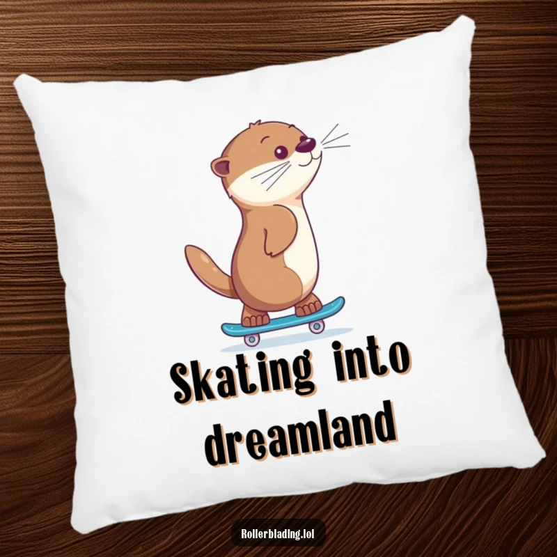 Funny otter skating pillow, a giggling animal skating backwards with a proud look, embodying playful confidence and soft comfort.