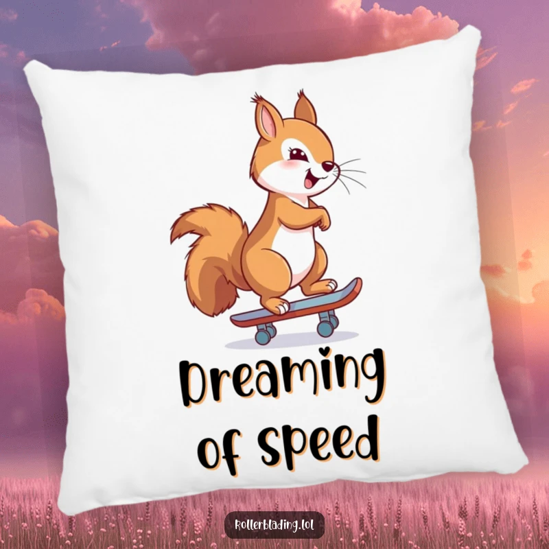 Funny pillow with a proud squirrel confidently skating backwards, offering plush comfort and a dose of stylish, humorous swagger.