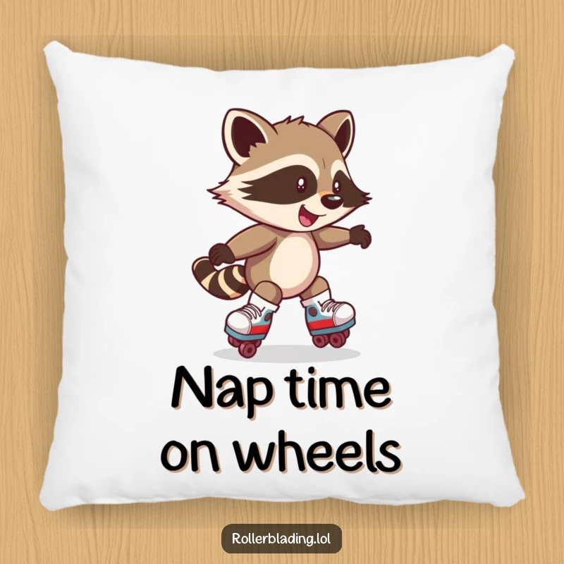 Funny pillow with a mischievous raccoon character spinning on roller skates. Soft and humorous decor.
