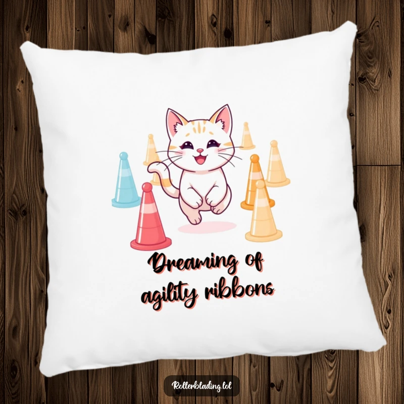 Funny smiling cat demonstrating agility skills on a soft pillow, adding humorous charm, ideal funny gift.