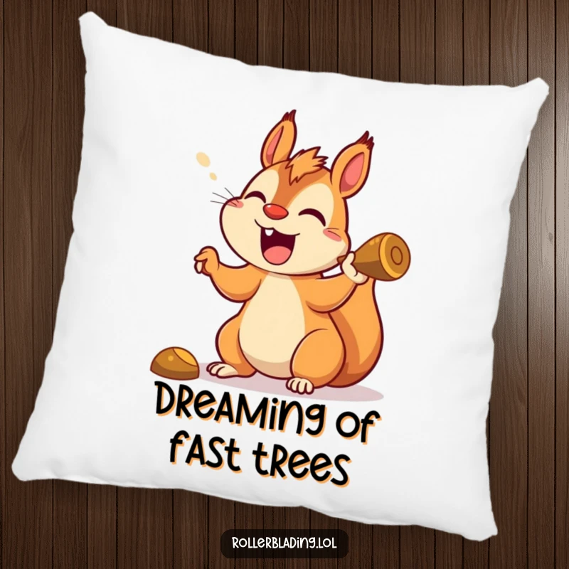 Funny squirrel pillow featuring a gleeful squirrel mid-turn, yelling with excitement, adding humor to any room.