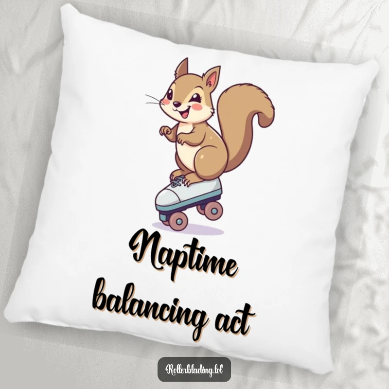Funny Squirrel Pillow: A smiling squirrel in a funny, precarious balance on one roller skate, perfect for adding whimsical comfort.