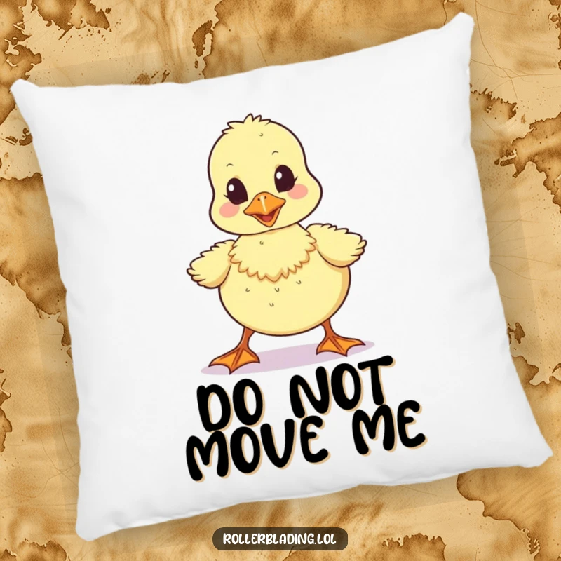 Funny pillow featuring a wobbly duckling walking unsteadily, offering comfort with adorable and humorous charm.