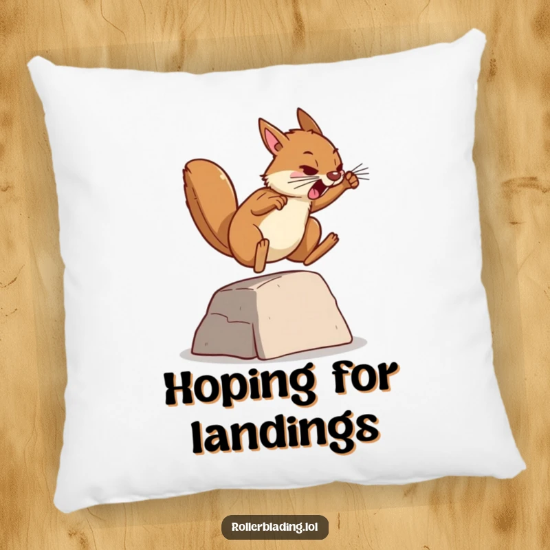 Funny pillow featuring a determined squirrel jumping over a ramp, offering plush comfort and a humorous, motivational message for any room.