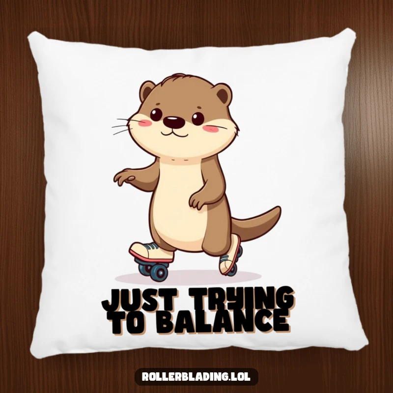 Funny otter pillow showcasing a determined otter wobbling on roller skates, bringing comfort and a smile.