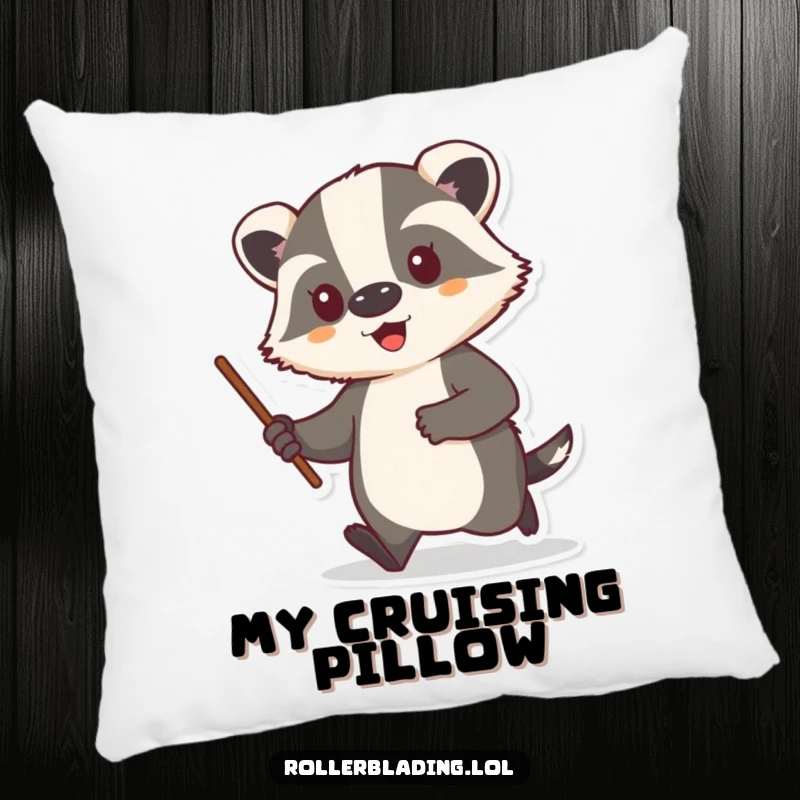 Funny pillow featuring a proud badger cruising along, stick in hand, perfect for adding a humorous touch.