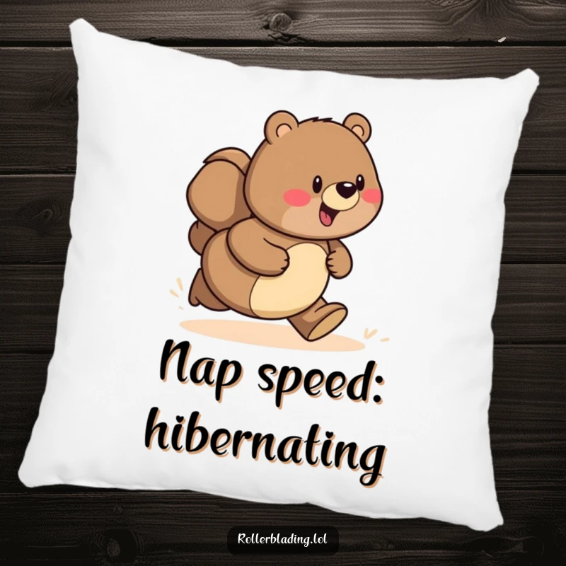Funny pillow with a proud bear depicted speeding along a path, offering comfort and a cheerful vibe.