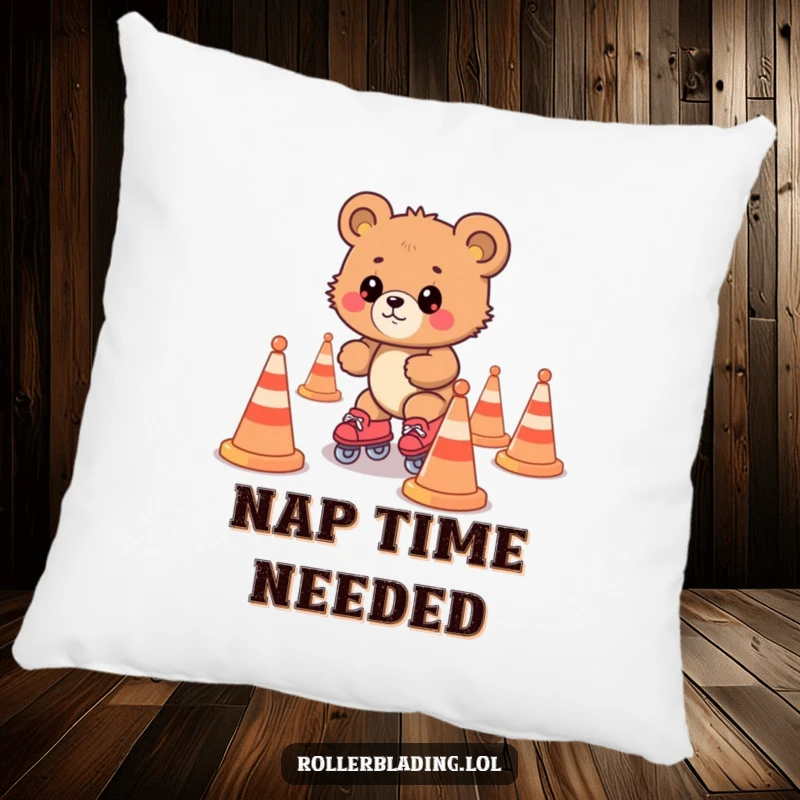 Funny bear cub awkwardly skating on roller skates surrounded by cones, a soft and humorous decorative pillow.