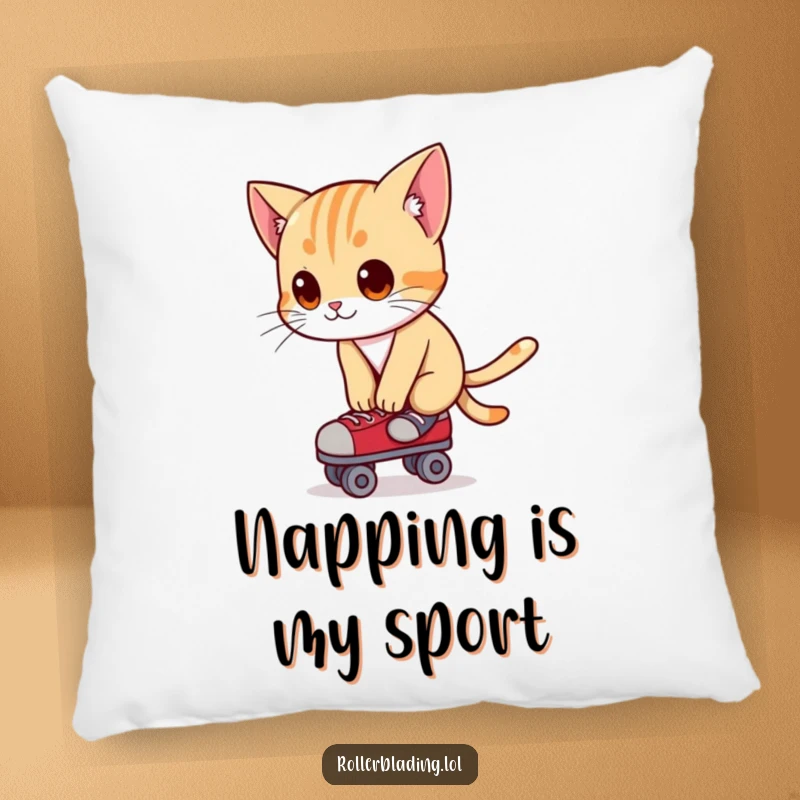 Funny pillow with a curious cat leaning forward, expertly balancing on roller skates for a touch of whimsy.