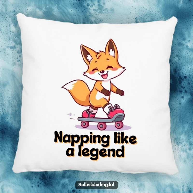 Funny Fox Pillow: A smiling fox performs a dramatic roller skate slide, one leg extended, bringing plush comfort and humorous style to your decor.