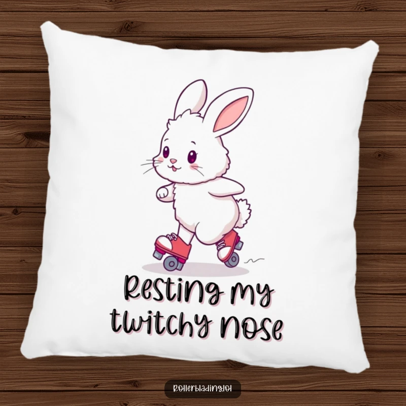 Funny fluffy bunny attempting a wobbly turn on roller skates, a soft pillow for comfort and charm.