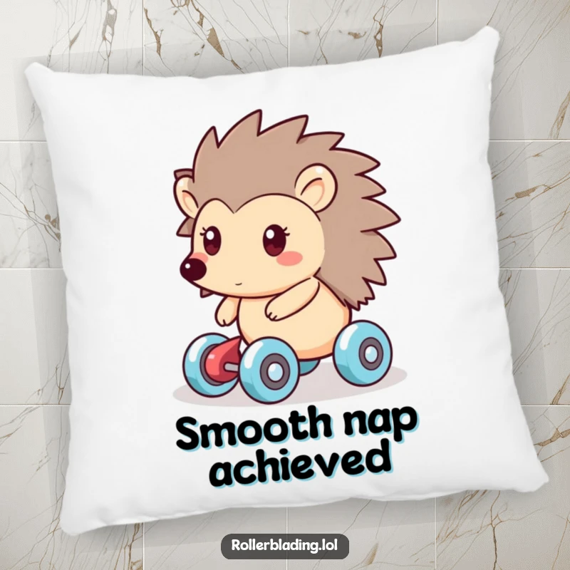 Funny pillow with a friendly hedgehog smoothly gliding on roller skates, offering plush comfort and a dose of calm, humorous charm.