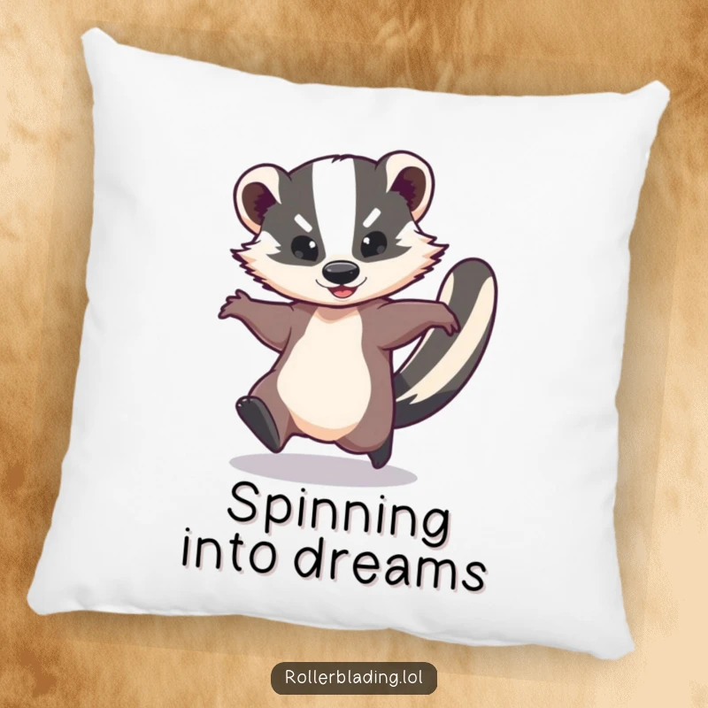 Funny pillow featuring a graceful badger in a speedy spin, offering plush comfort and a delightful dose of playful energy for any room.
