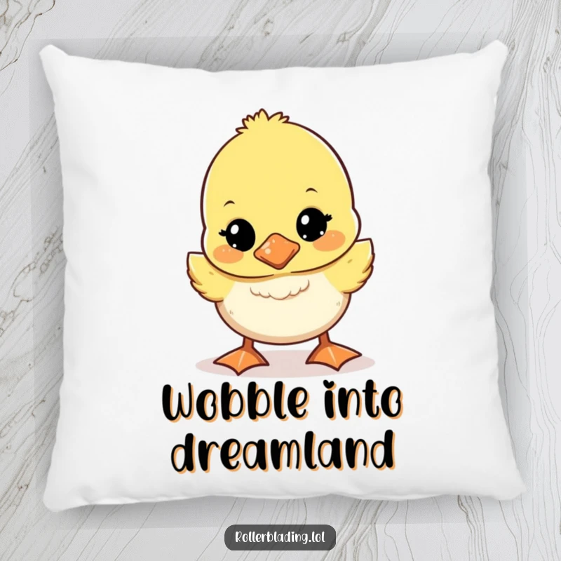 Funny wobbly duckling pillow featuring a cute duckling walking unsteadily, soft and humorous accent cushion.