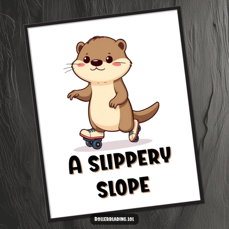 Funny otter digital art print of a determined otter wobbling on roller skates, perfect for adding humor and motivation.
