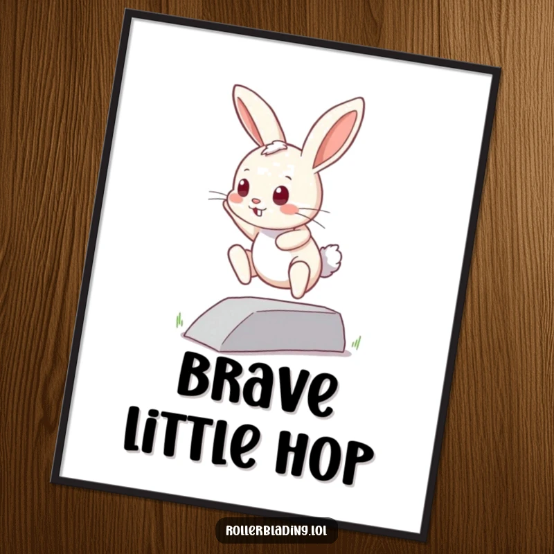 Funny curious bunny digital art print: A small bunny attempts a jump off a curb, illustrating bravery, effort, and adorable determination.