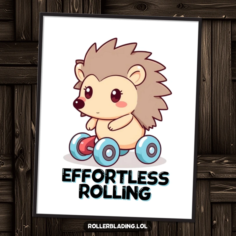 Funny digital art print of a friendly hedgehog smoothly gliding on roller skates, bringing a sense of calm, humorous motion to any room.
