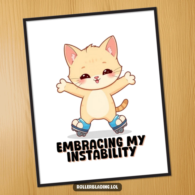 Funny Kitten Digital Art: A happy kitten wobbles on roller skates, arms outstretched for balance, creating an adorable and humorous visual.