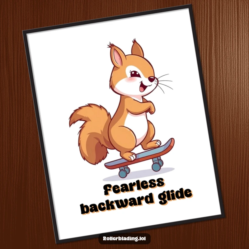 Funny digital art print of a proud squirrel confidently skating backwards, bringing stylish, humorous energy and swagger to any room.