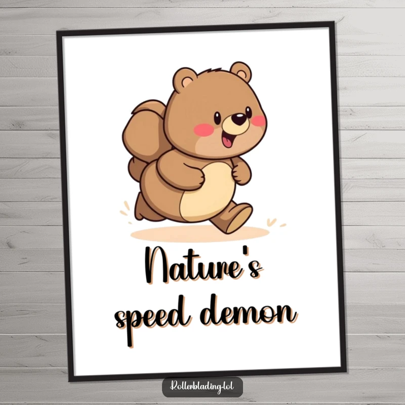 Funny digital art print of a proud bear captured in a moment of joyful speed along a path.