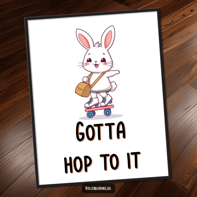 Funny digital art print of a determined, smiling bunny balancing on roller skates while holding a bag, inspiring.
