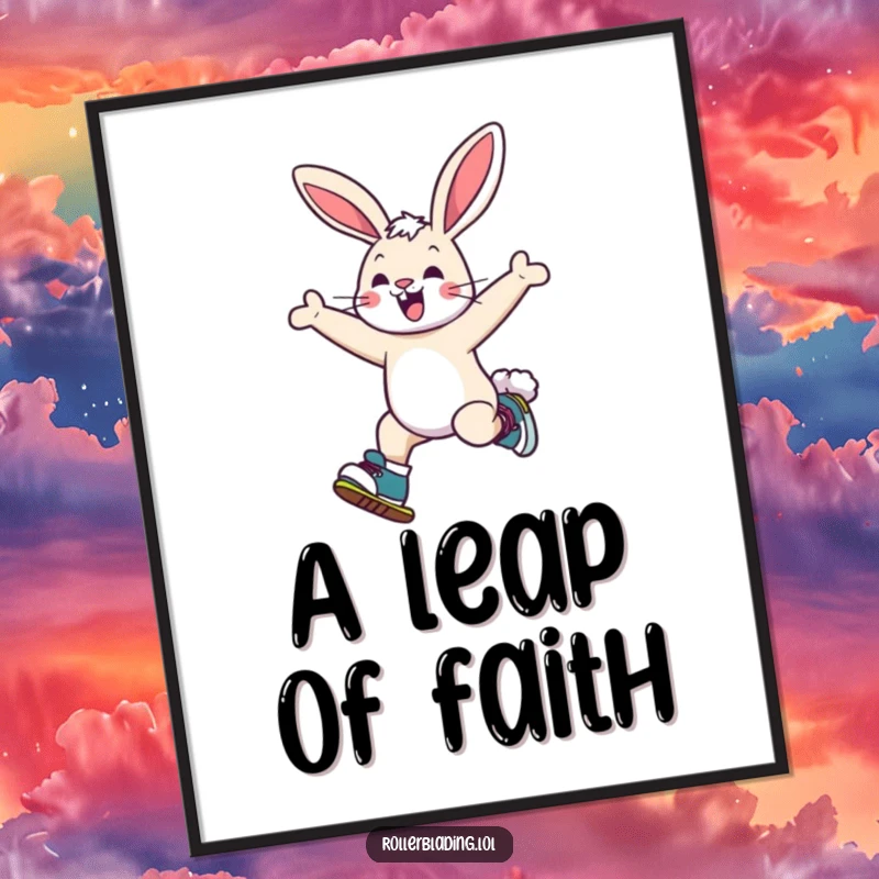 Funny bunny digital art print of a cheerful bunny leaping joyfully on roller skates, perfect for vibrant home decor.