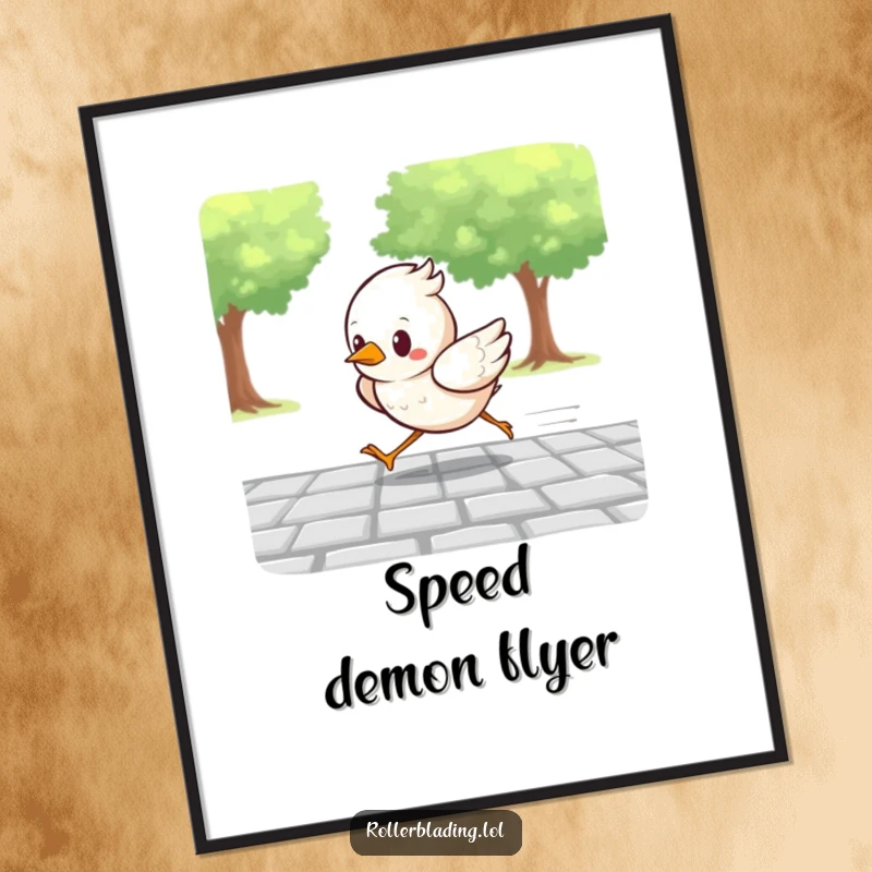 Funny digital art print of a determined bird racing along a paved path, bringing dynamic, humorous energy and focus to any room.