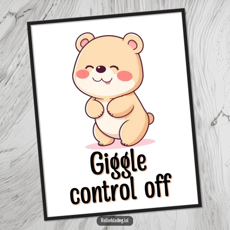 Funny digital art print of a bear giggling uncontrollably and wobbling hilariously as it tries to stop, radiating infectious joy.