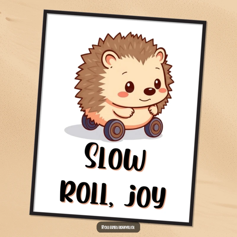 Funny Hedgehog Digital Art: A shy hedgehog cautiously rolls forward on hesitant wheels, presented as charming wall art for humor lovers.