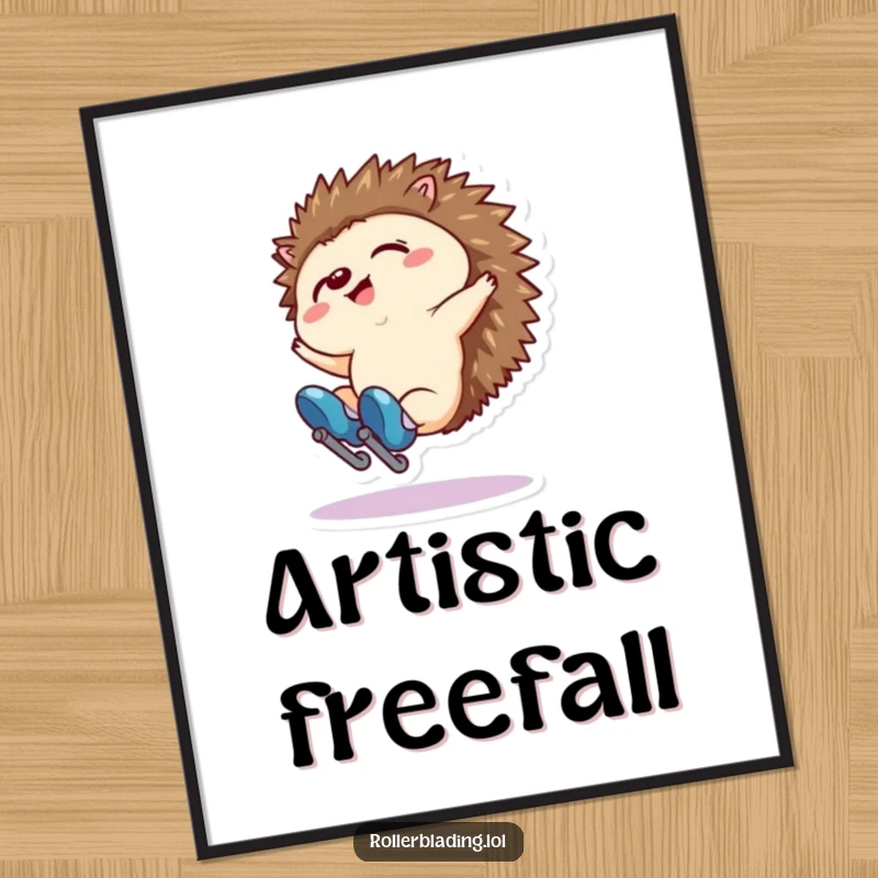 Funny digital art print of a tiny hedgehog comically falling backwards on roller skates. Humorous decor.